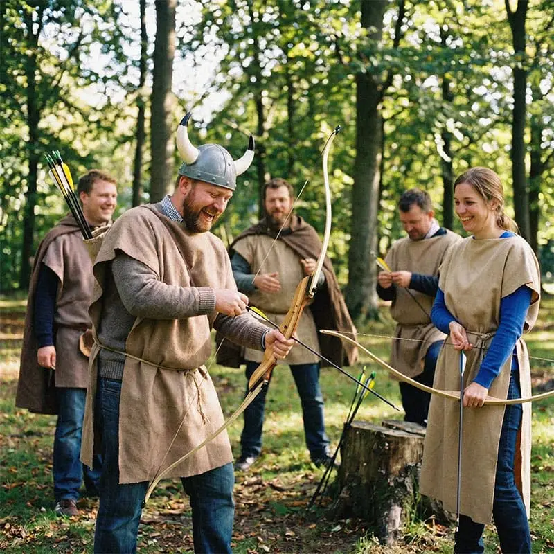 Gruppe kollegaer prøver bue og pil ved Viking Games